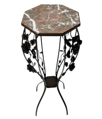 French Art Deco Wrough Iron XL Pedestal with Multi-Colored Marble Top, 1930s